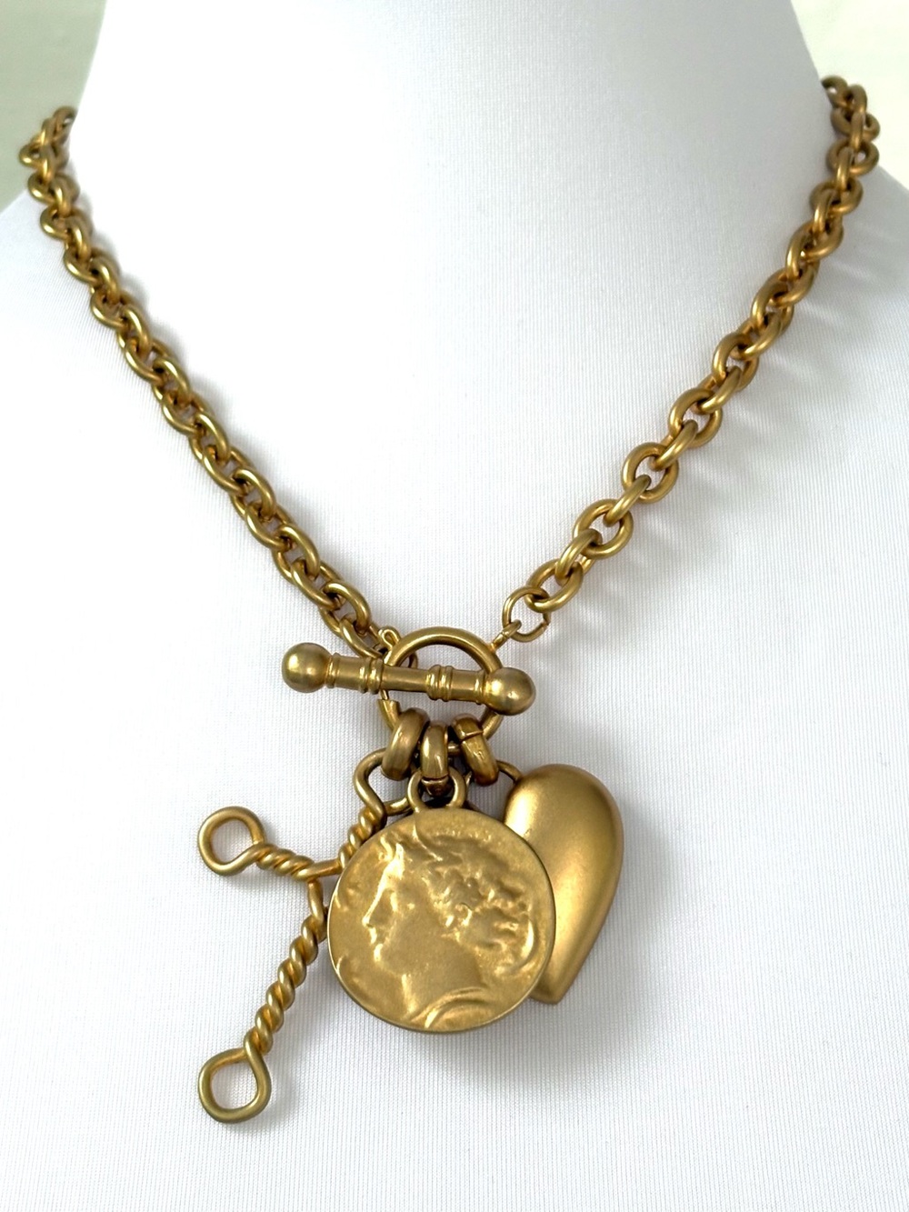 Matte Gold Pendant Charm Necklace with Heart Coin Cross Charms